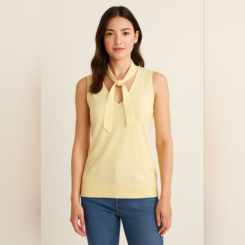 Ann Taylor LOFT Size M cream/light Yellow Sleeveless V-Neck Top with Neck Tie